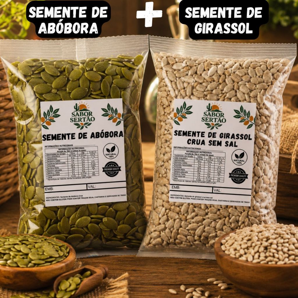Kit Semente de Abóbora crua + Semente de Girassol crua 1 kg de cada - 500gr de cada - 250gr de cada
