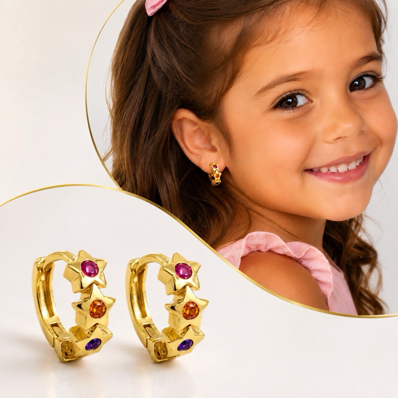 Brinco Infantil Argolinha Click Colorida Semijoia Banhada A Ouro 18k  ( Tamanho 11mm)