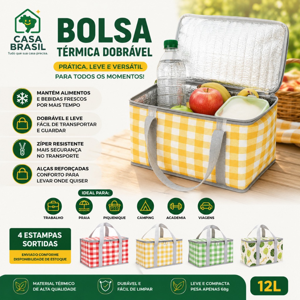 Bolsa Térmica Portátil Dobrável 12L Marmita Praia Camping Piquenique Cooler Alimentos Bebidas Top
