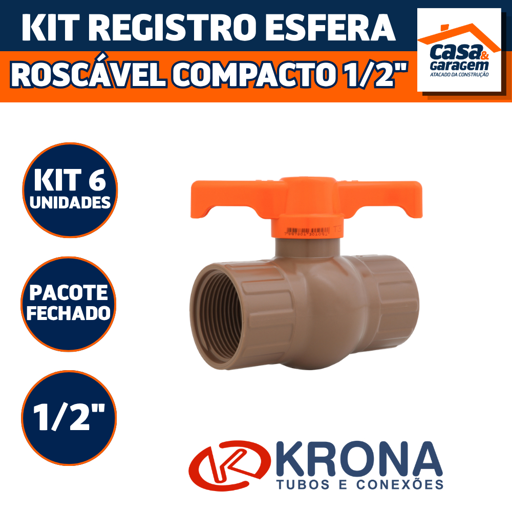 Kit Com 6 Registro Esfera Roscável Compacto 1/2" 551 Krona