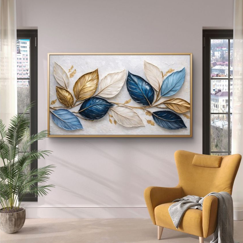 Quadro Decorativo Folhas Azuis Douradas e Bege 110x70 MDF Vinil Premium Moderno Elegante Sala Luxo