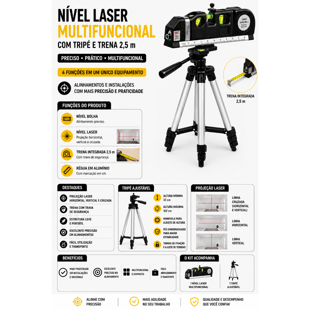 Nível a Laser 4 em 1 com Trena 2,5m, Tripé e Régua – Level Pro 03 Alinhador Horizontal e Vertical