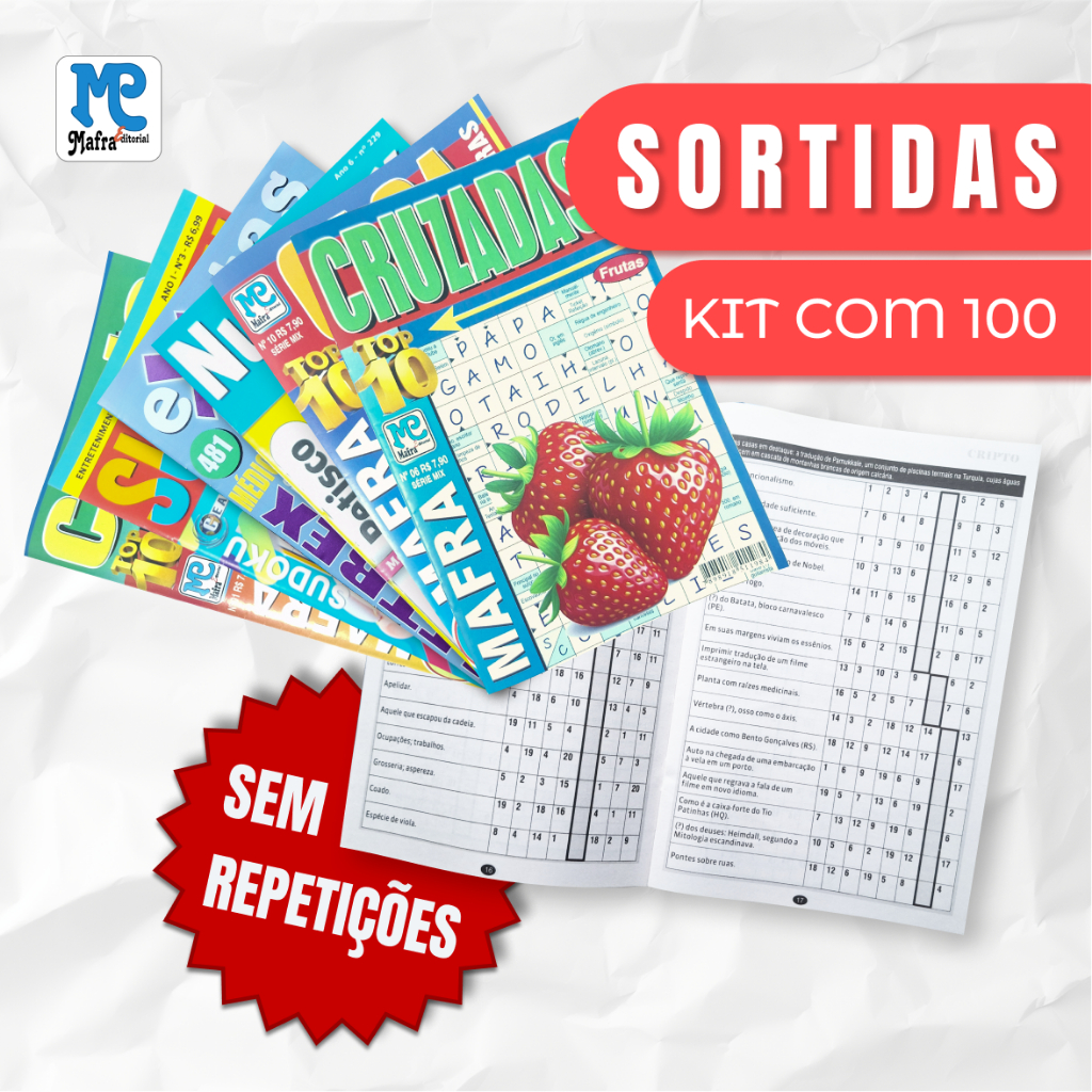 Kit 100 Unidades Passatempos Sortidos - Caça-palavras, Cruzadas, Cripto, Numerix, Letrix e Sudoku - Sem Repetição