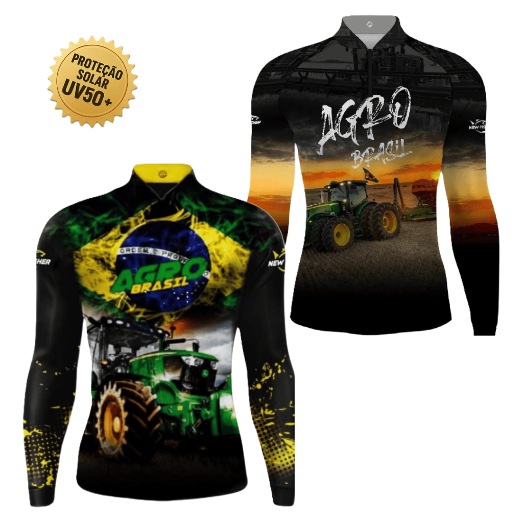 Kit 2 Camisas Blusa New Fisher Agro Brasil Agronegocio Fazenda c/ Proteção Solar UV50 Punho Elástico