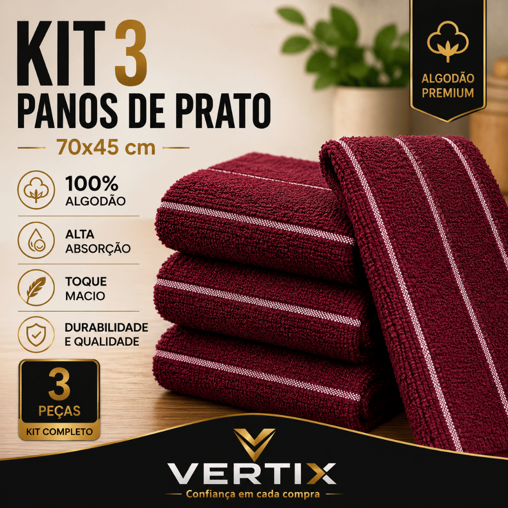 Kit 3 Panos de Prato Pano de Copa 100% Algodão Felpudo 70x45 Alta Absorção
