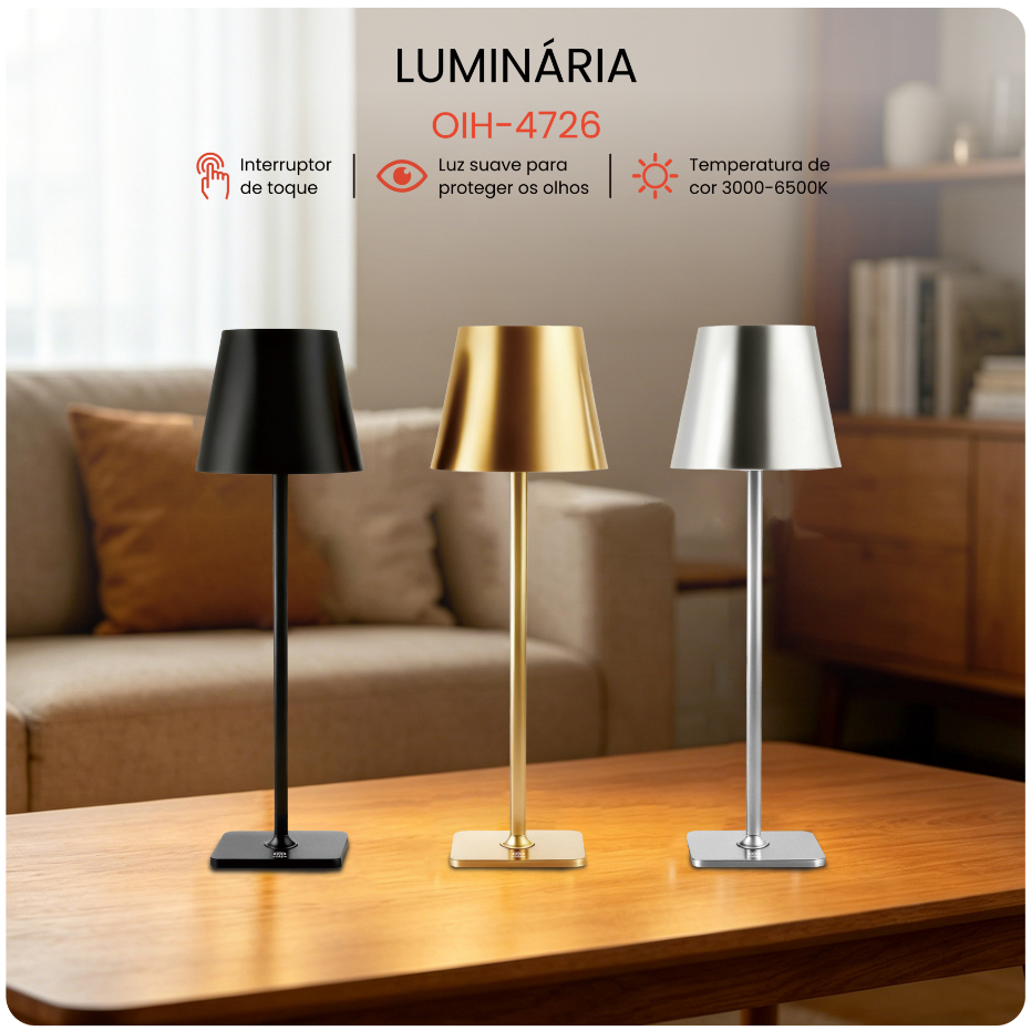 Luminária OIH-4726 Abajur Mesa Led Touch Dimerizável S/ Fio Recarregável