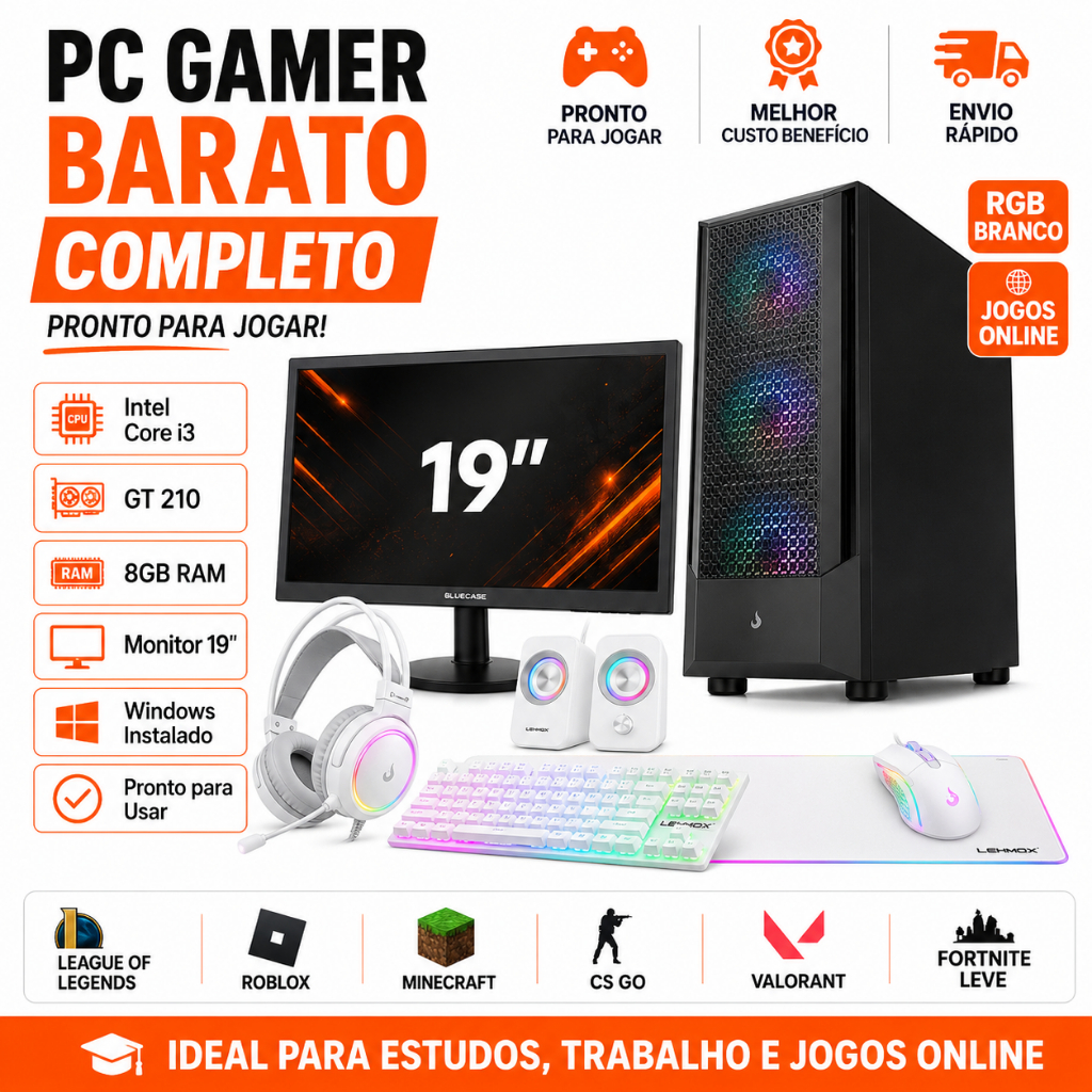 PC Gamer Barato Completo i3 GT 210 RGB Branco Jogos Online Monitor 19 Windows