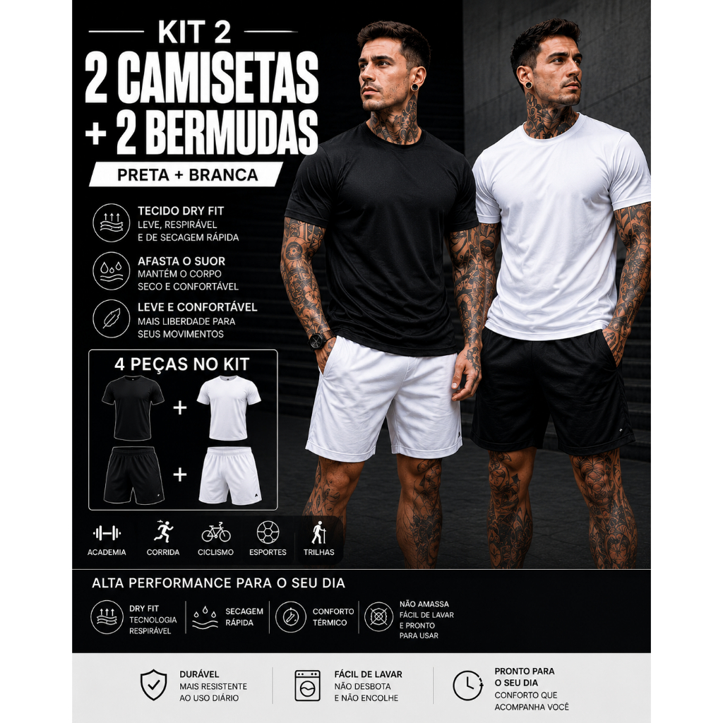 Kit 2 Camiseta + 2 Bermuda Masculina Dry Fit / Shorts Masculina Academia - Conjunto Lançamento 2024
