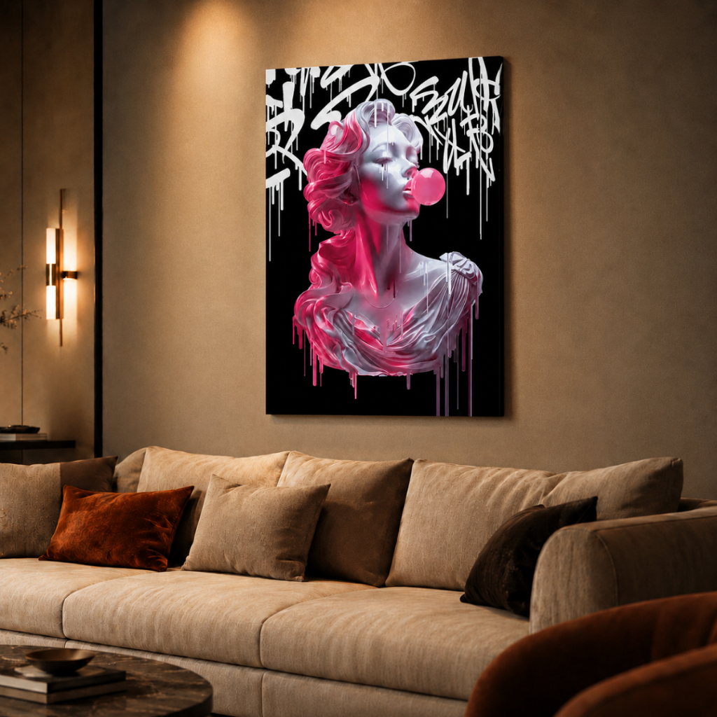 Quadro Decorativo 1 Peça Medusa Soplando Bolhas de Chiclete Decoração Para Quarto Sala Escritório