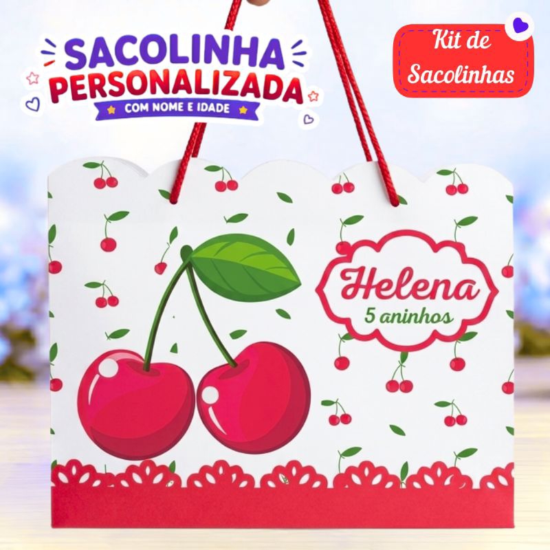10 Sacolinha personalizada com tema cerejinhas  com nome e idade  para lembrancinhas de fest infantil