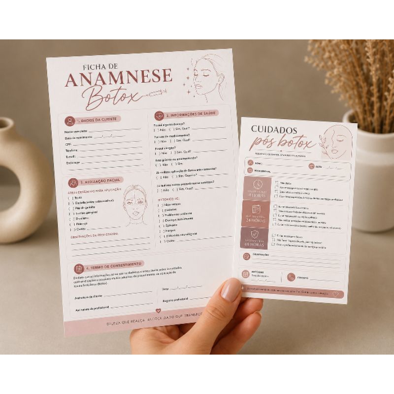 Kit Ficha de Anamnese Botox + Cuidados Pós Botox 14x20 e 10x14 | Bloco Estética Rosa Nude