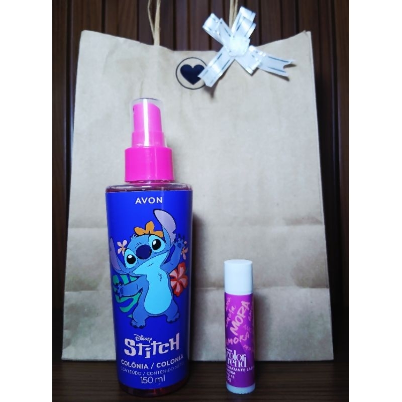 kit Combo 01 Colônia Perfume Infantil Feminino Stitch 150ml 01 Hidratante Labial Amora Fps 15 Avon Vegano.