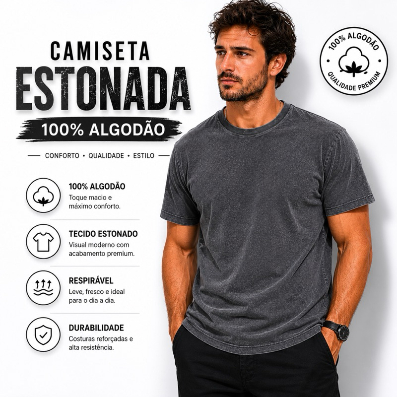 Camiseta Estonada Masculina 100% Algodão Premium Básica Casual Confortável