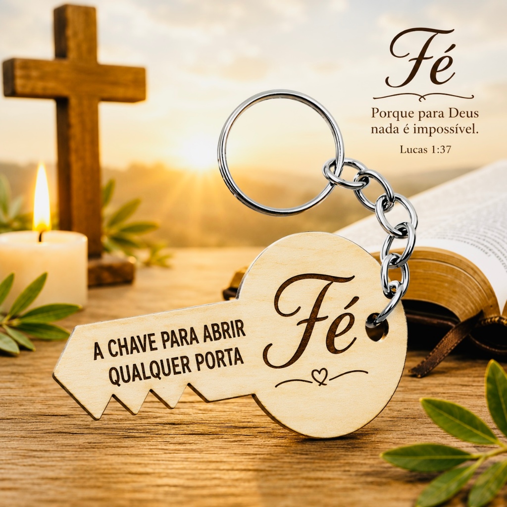 Detalhes do Chaveiro Chave Fé m  20  unidades MDF já vão todos montados ,para festa, igreja, lembrancinhas, casamento
