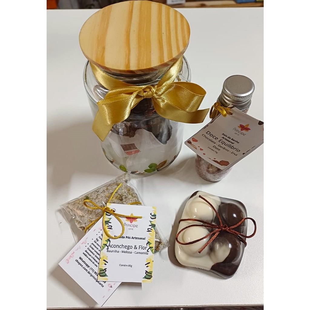 Kit Spa No Pote Chocolate Principe Arte Sabonete Cacau 100% Escalda Pés Sais Esponja Presente Criativo Namorado