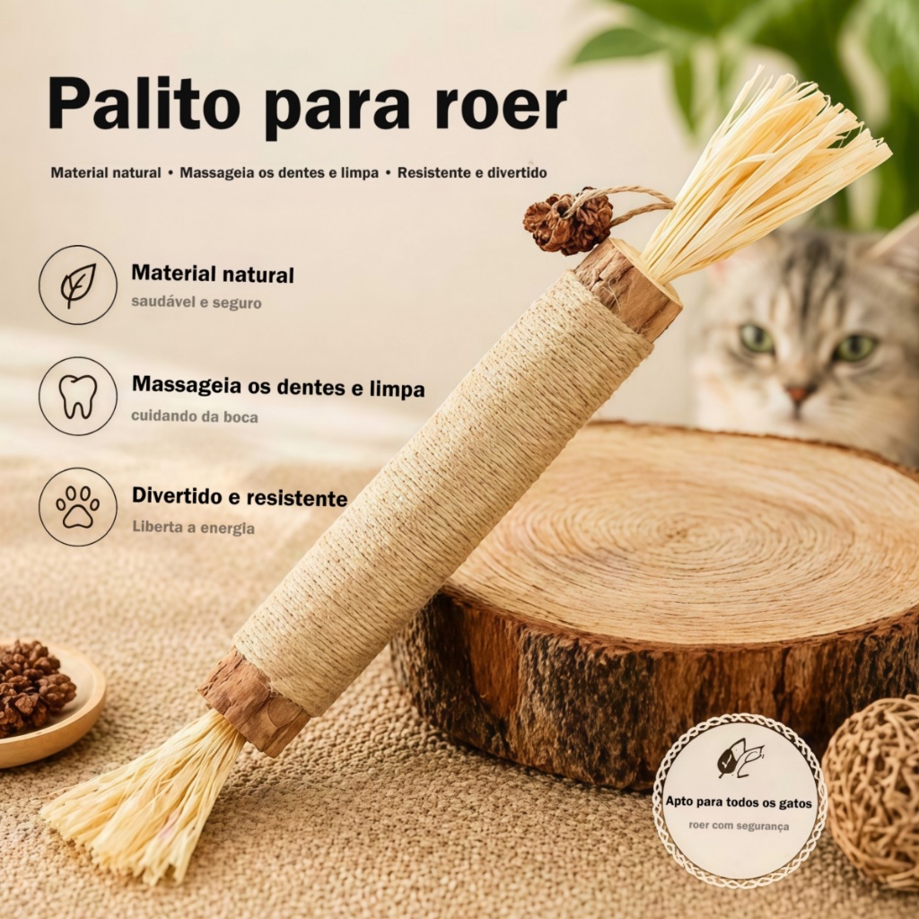 Brinquedo de Madeira Natural pra Gatos - Mastigável, Limpa Dentes e Alivia Estresse  Compre Múltiplos e Economize