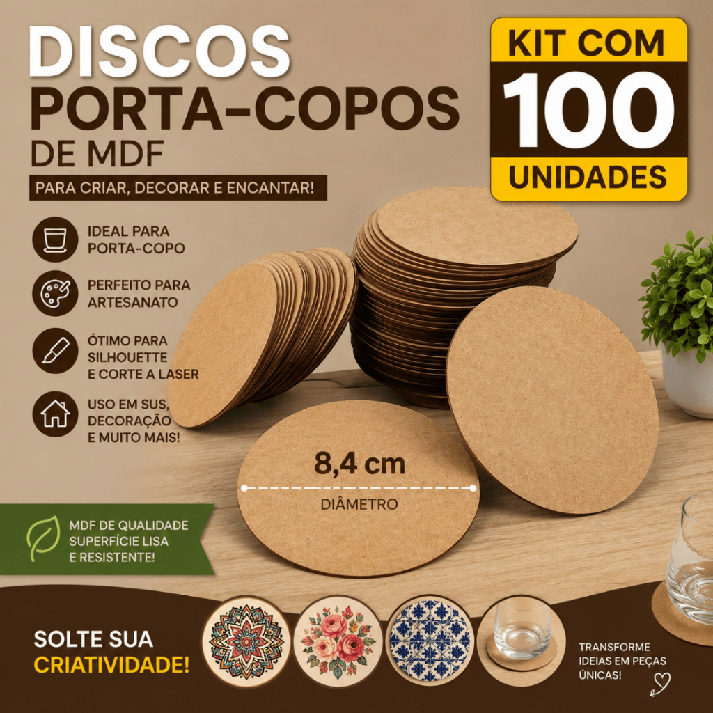 Kit 100 Disco de Mdf Bolacha Porta Copo De Madeira Artesanato 8,4 cm