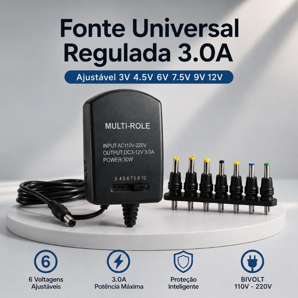 Fonte Universal Regulada 3.0A Bivolt Ajustável 3V 4.5V 6V 7.5V 9V 12V Com 6 Conectores Adaptador DC