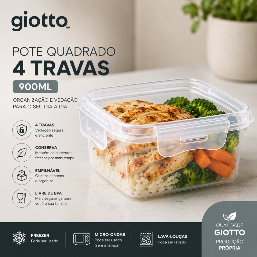 Pote Quadrado com 4 Travas 900ml Transparente Unidade Hermético Mantimentos Cozinha Giotto
