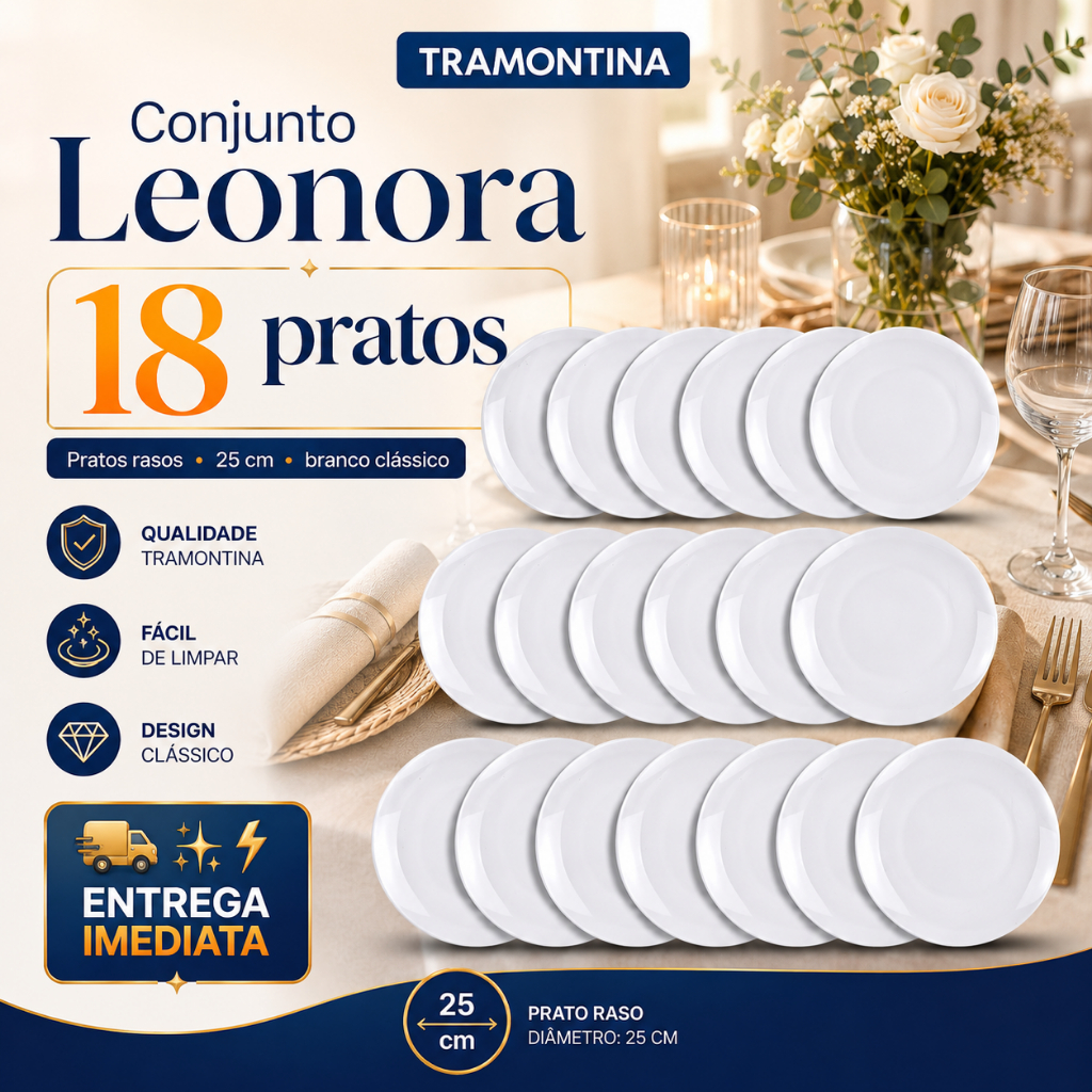 Jogo de Pratos Jantar Leonora Tramontina Porcelana Conjunto de Pratos Raso, Fundo e Sobremesa Kits