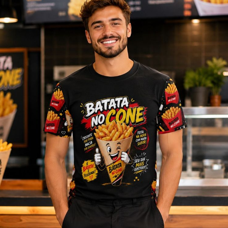 Camiseta Batata no Cone Profissão | Uniforme Food Truck Lanchonete Hamburgueria Fast Food Unissex