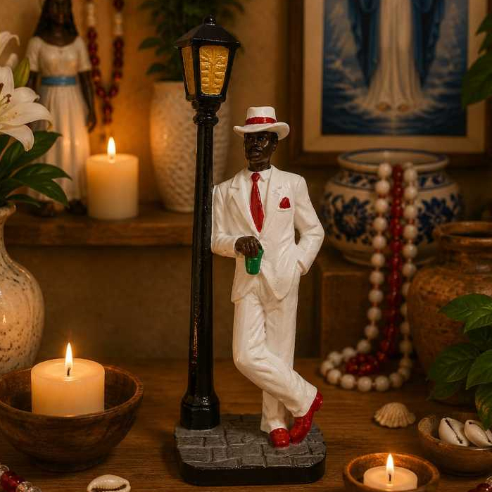 Zé Pilintra 17 cm imagem Zé pilintra apoiado no poste de resina miniatura decoração altar umbanda