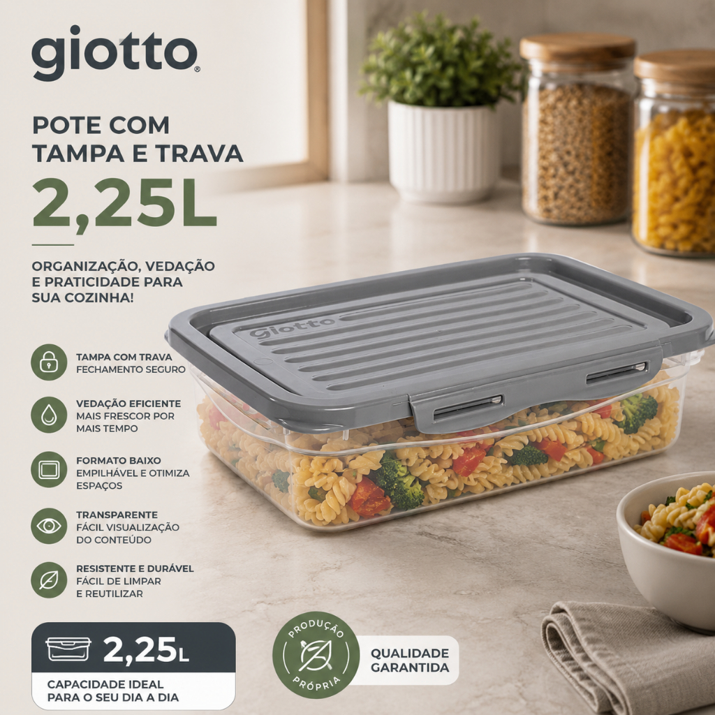 Pote  Marmitas Fitness com Tampa e Trava 2,25L Cinza Baixo Freezer E Microondas Armazenamento Giotto
