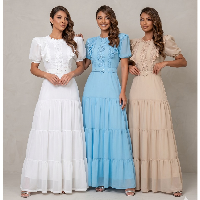 Vestido Feminino Kelly Evangélico Longo Babados com Cinto Renda Madrinha Casamento Festa CN