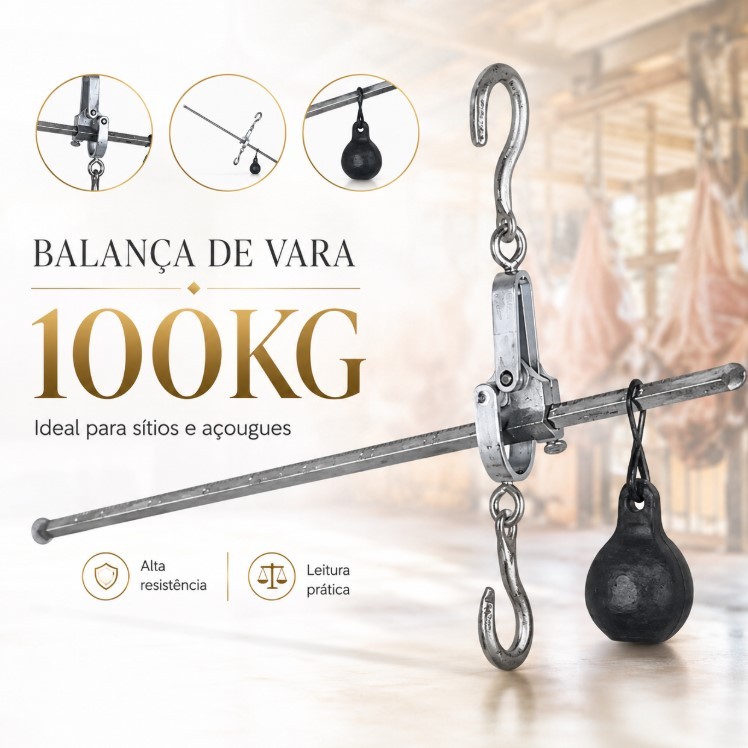 Balança de Vara até 100kg Varão Reforçado Açougue Mercado Feira Comércio Gancho