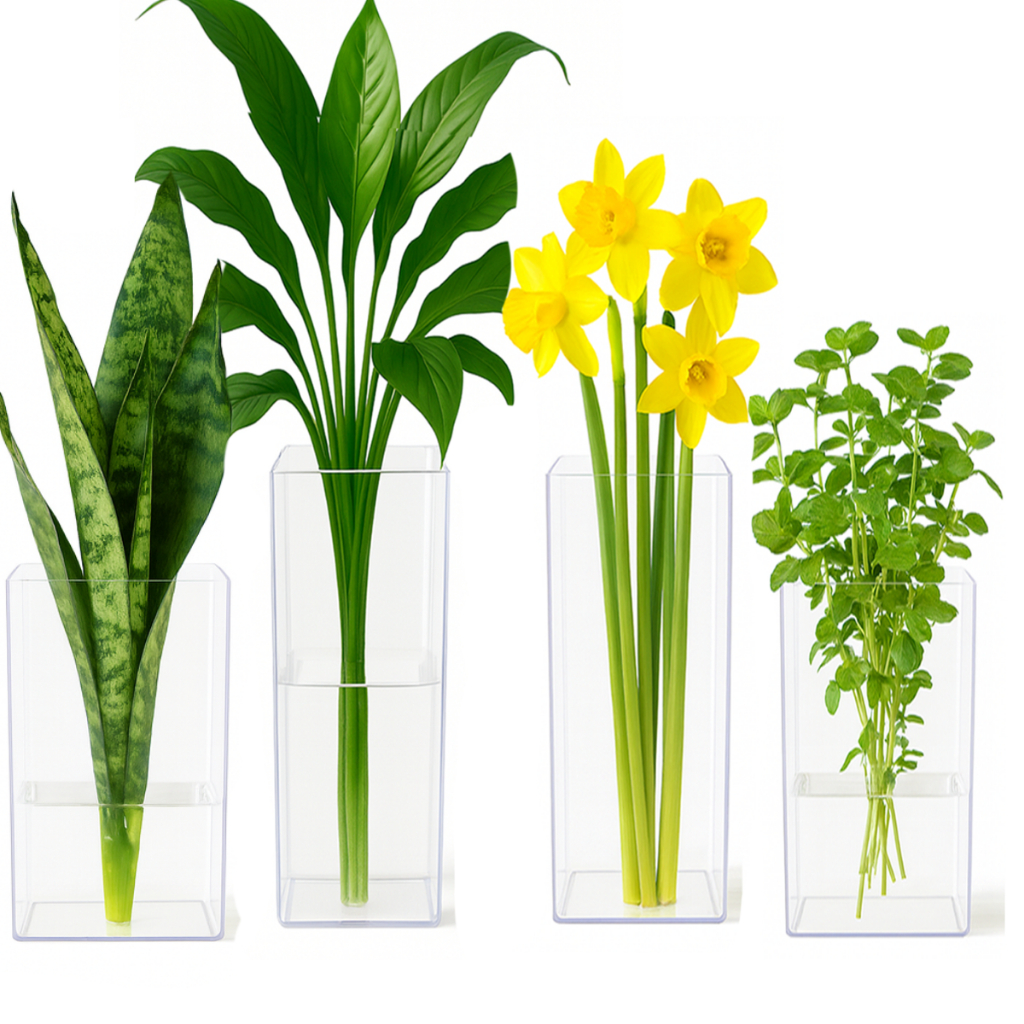 Kit 4 Vasos Plantas e Plantas Decorativos Transparente Acrilico