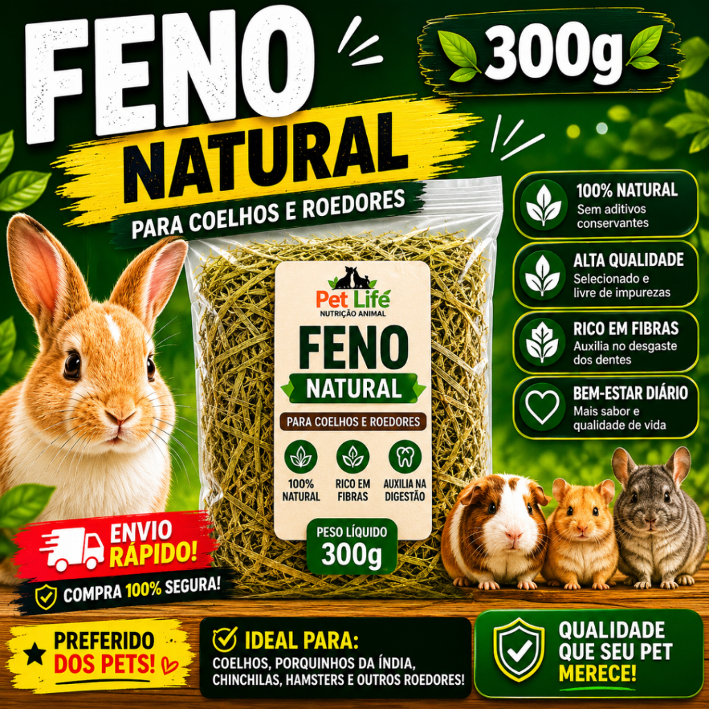 Feno Natural Premium 300g P/ Coelho Hamster Porquinho-da-Índia Chinchila Roedores