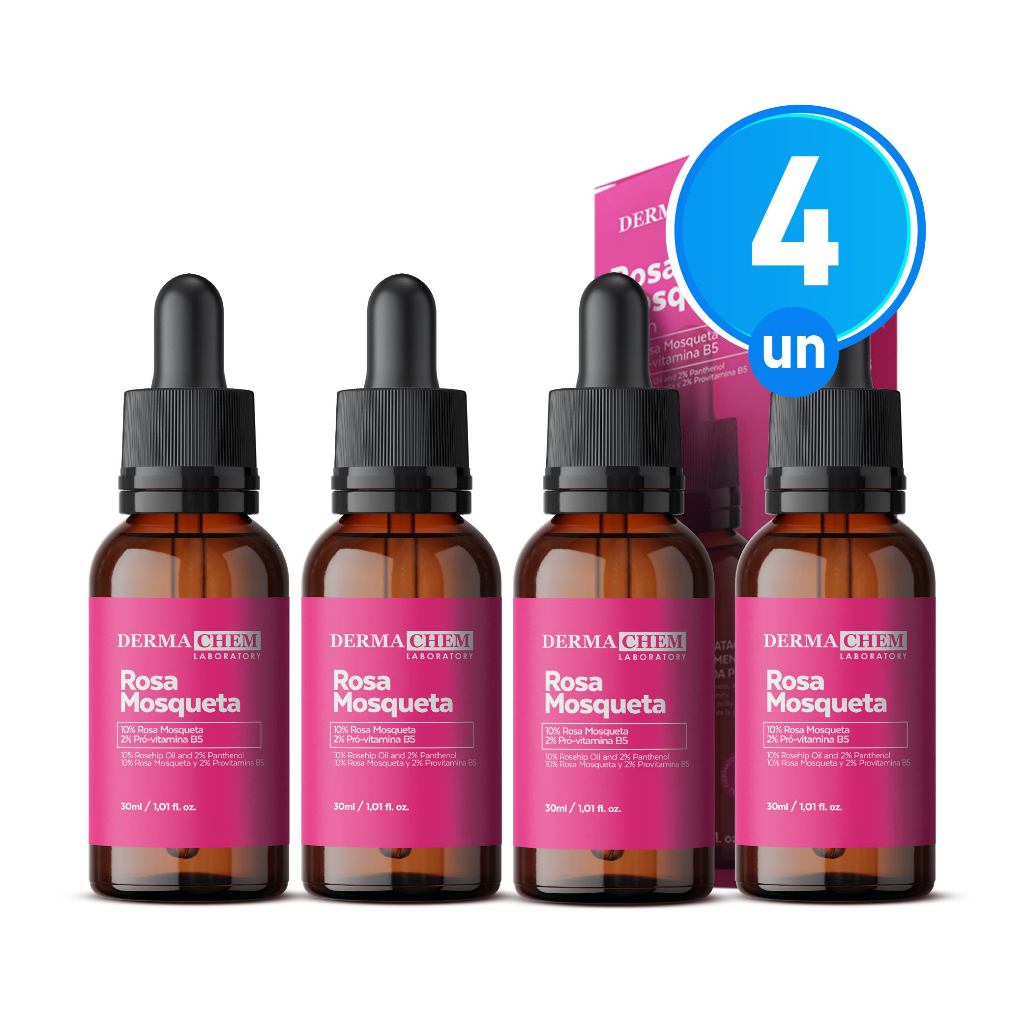 Kit 4 Sérum Facial Rosa Mosqueta 30ml Hidratação Renovação e Clareamento da Pele Dermachem