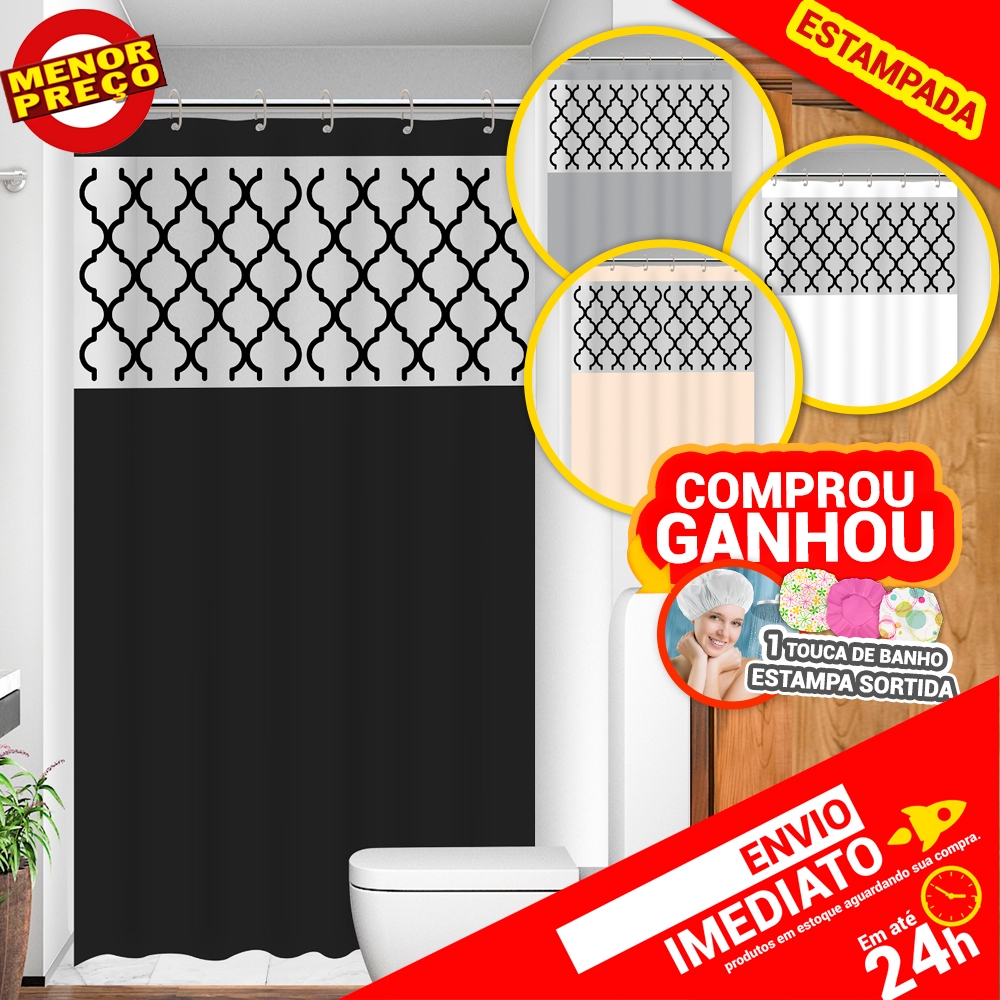 Cortina de Box Para Banheiro Com Visor Marrocos Resistente Com Ganchos Anti Mofo - Várias Cores