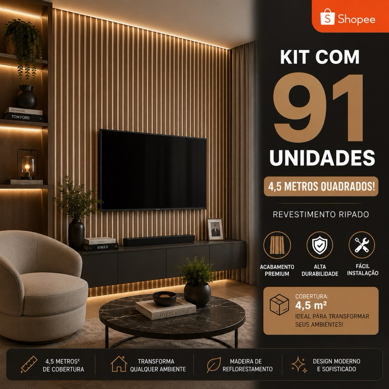 KIT COM ATÉ 91 RIPADOS - Placas Painel Ripado em MDF Revestimento de Parede Autocolante 3D PREMIUM