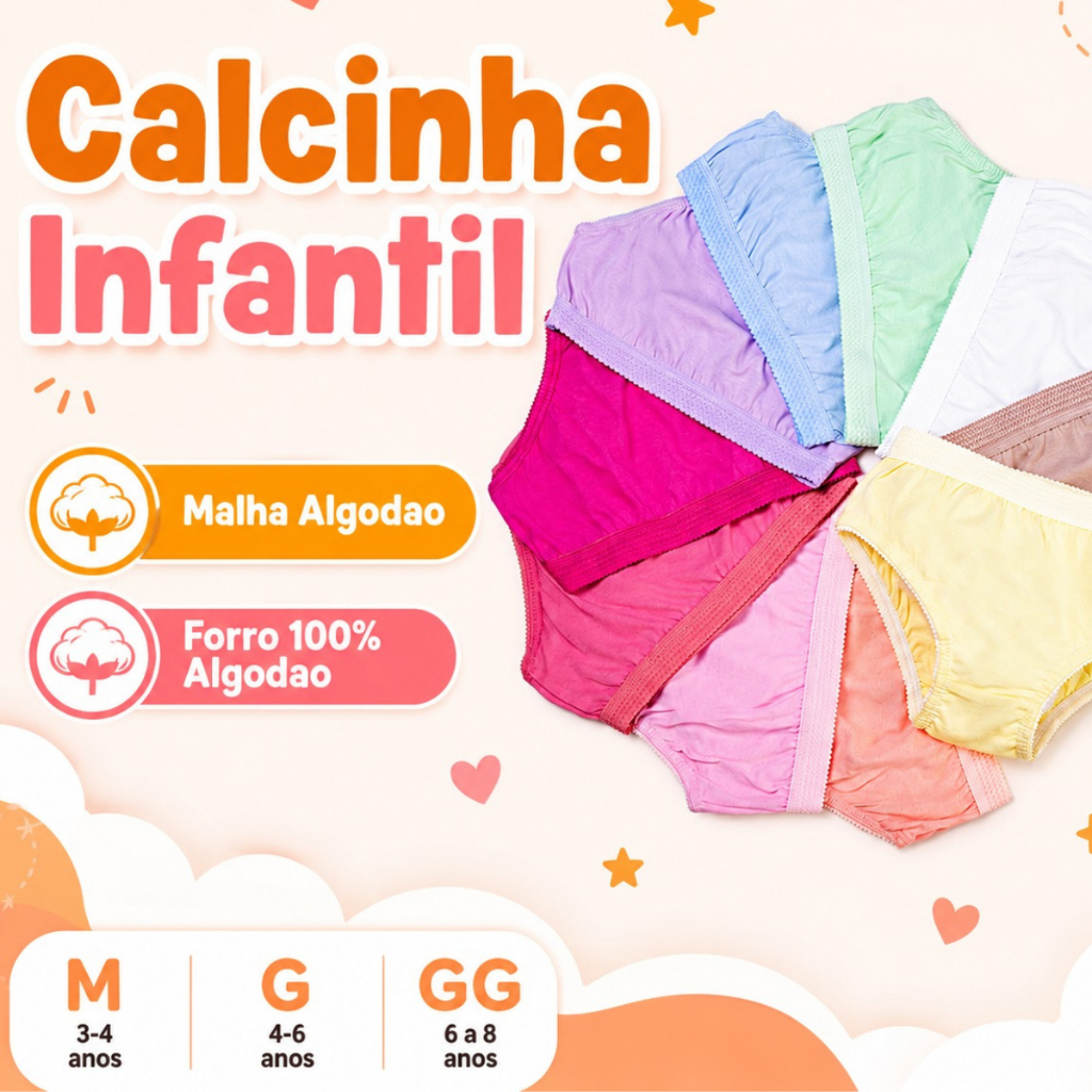 Kit 10 Calcinha Infantil 100% Algodão Lisa Cintura Alta Confortáveis, Macias e Não Apertam M ao GG