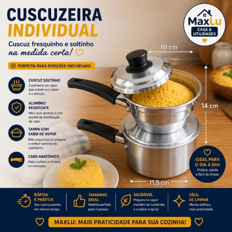 Cuscuzeira Individual em Alumínio Polido Cozimento no Vapor