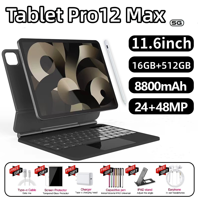 【Teclado e mouse gratuitos】 Tablet Pro12 Max  HD de 11,6 polegadas 16GB + 512GB de memória 8800mAh bateria
