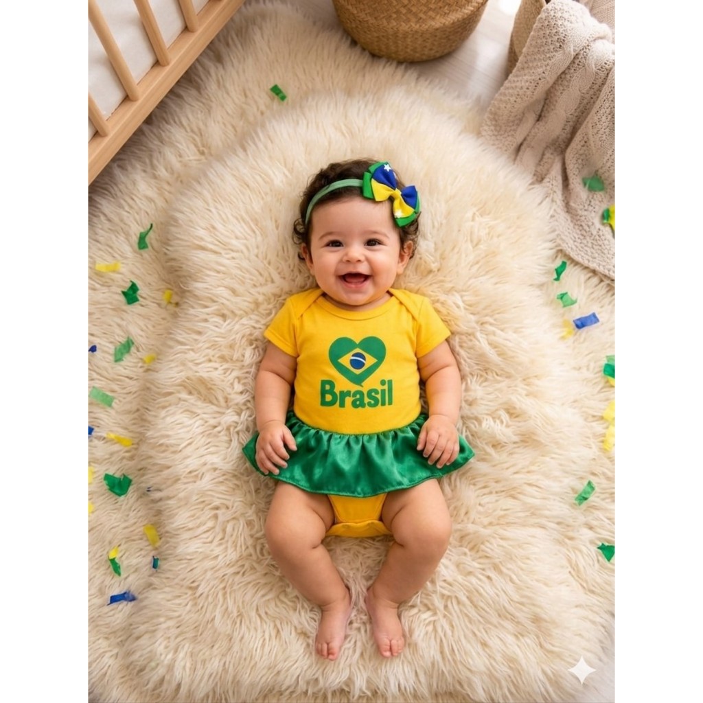 Body Feminino Bebê Copa do Mundo Brasil com ou sem Laço – Roupa de Torcedora Brasileira Premium