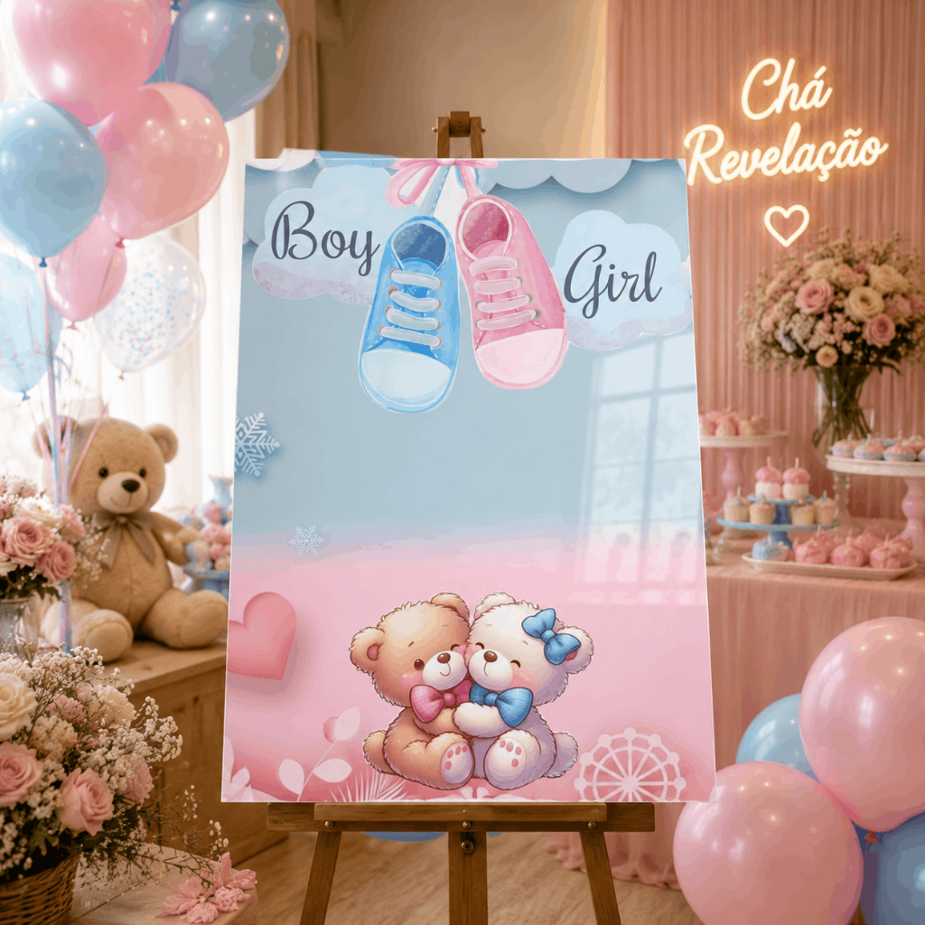 Quadro Chá Revelação Menino ou Menina Ursinhos Sapatinhos Decorativo Festa Bebê