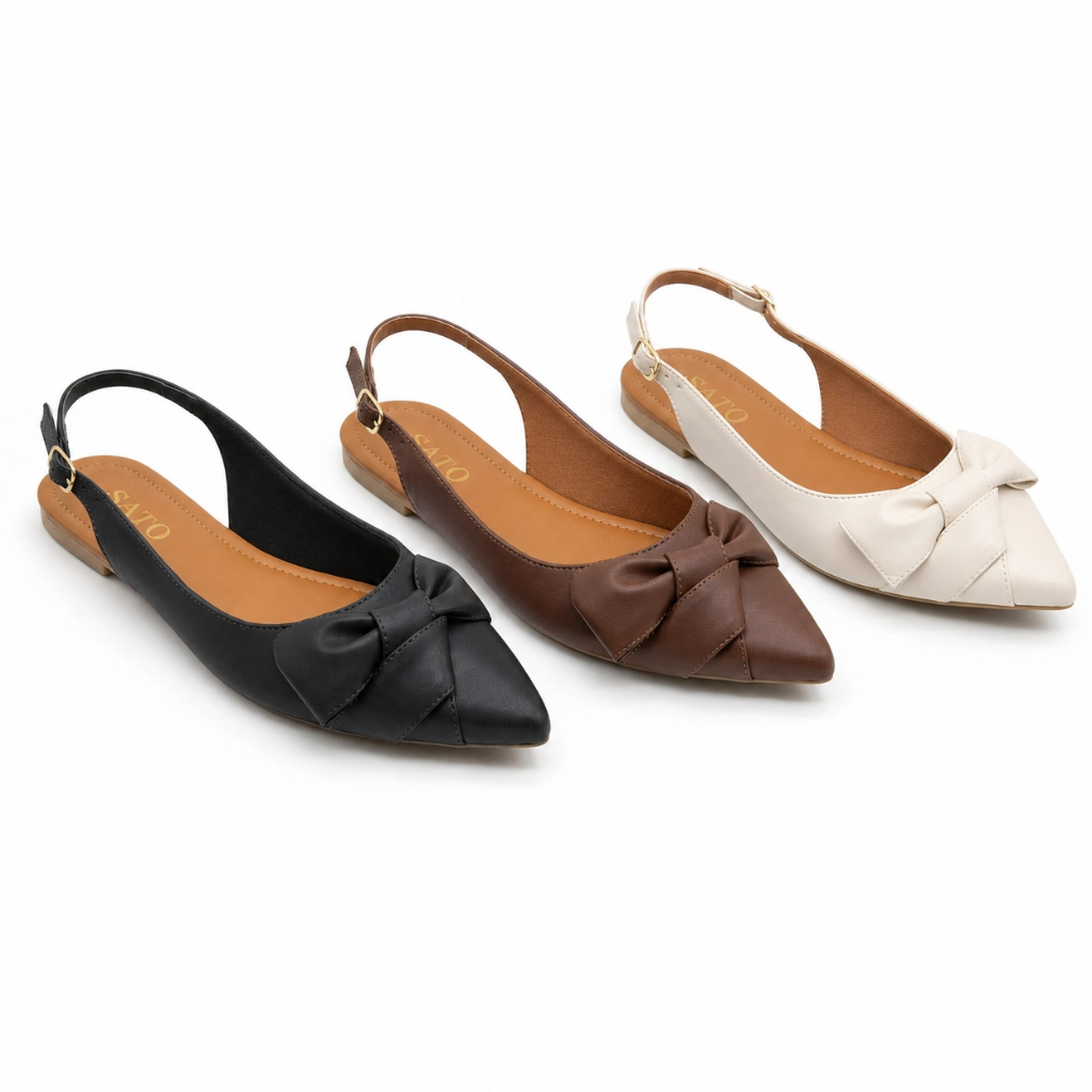 Kit 3 Sapatilhas Marrom Off White Preta Slingback Feminina Bico Fino Aberta Atrás Acabamento Premium