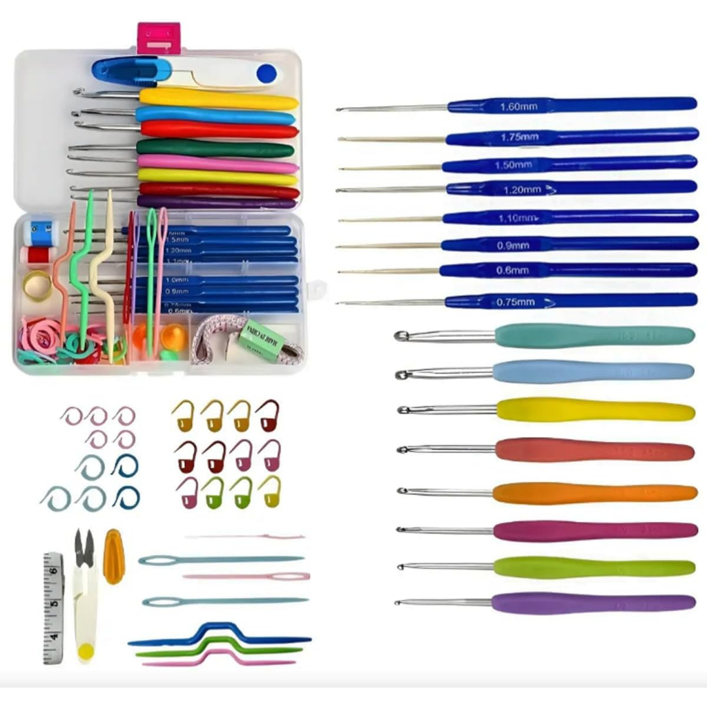 Kit Crochê Completo 53 Peças Agulhas Soft Ergonômicas, Tesoura e Acessórios + Estojo (16 agulhas)