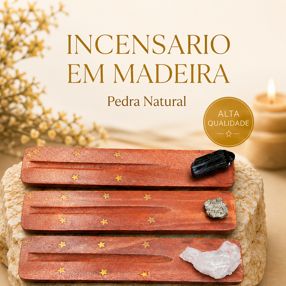 Incensário Madeira Com Pedra Natural Porta Incenso Queimador Cristal Turmalina Pirita