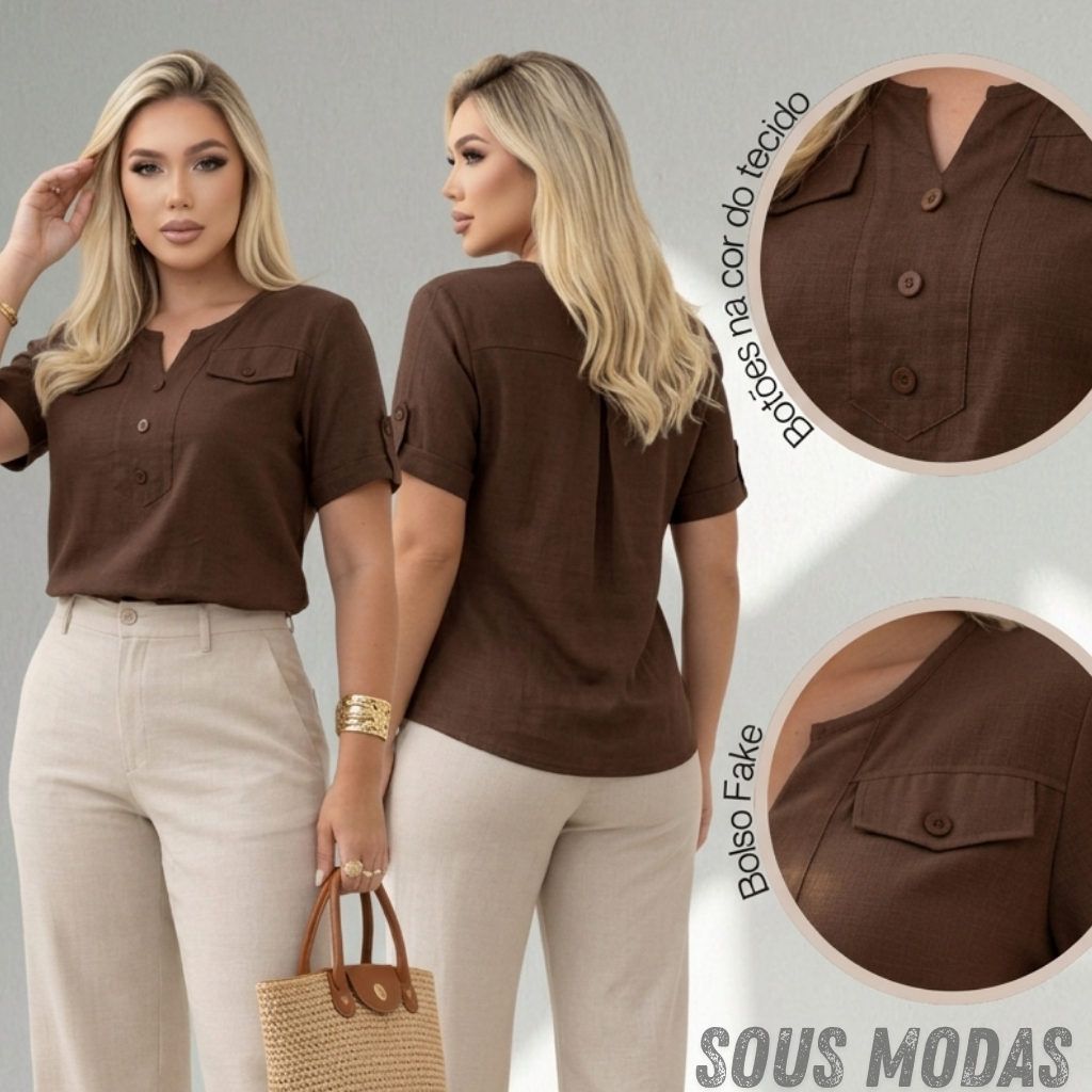 Blusa Feminina Elegante Manga Curta Botões Moda Social Casual Confortavel