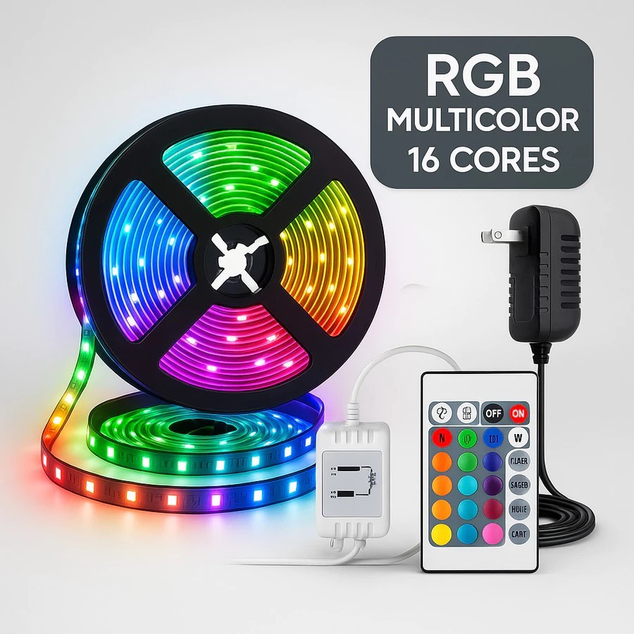 Fita LED 2835 RGB IP65 5 Metros 300 LEDs 12V com Controle Remoto e Fonte: Luminosidade Versátil