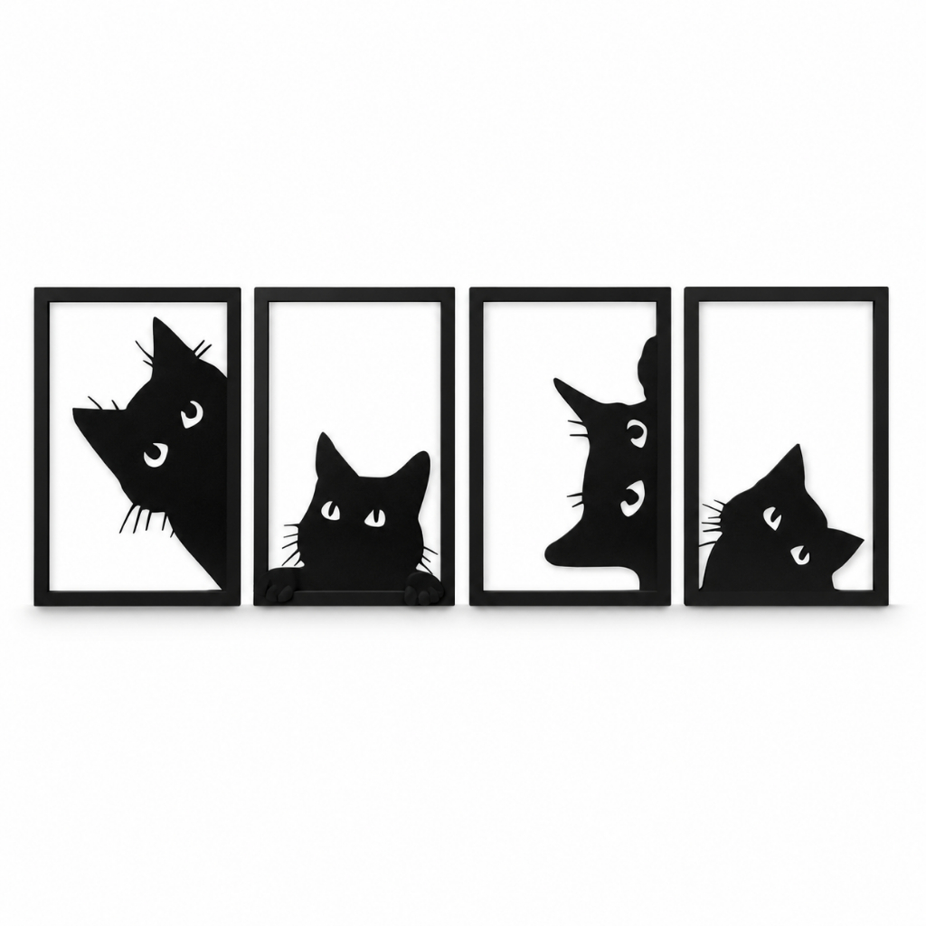 Kit 4 Quadros Decorativos Gato MDF Silhueta Preta Parede Quarto Sala Escritorio Enfeite Moderno Pet Decoracao Criativa