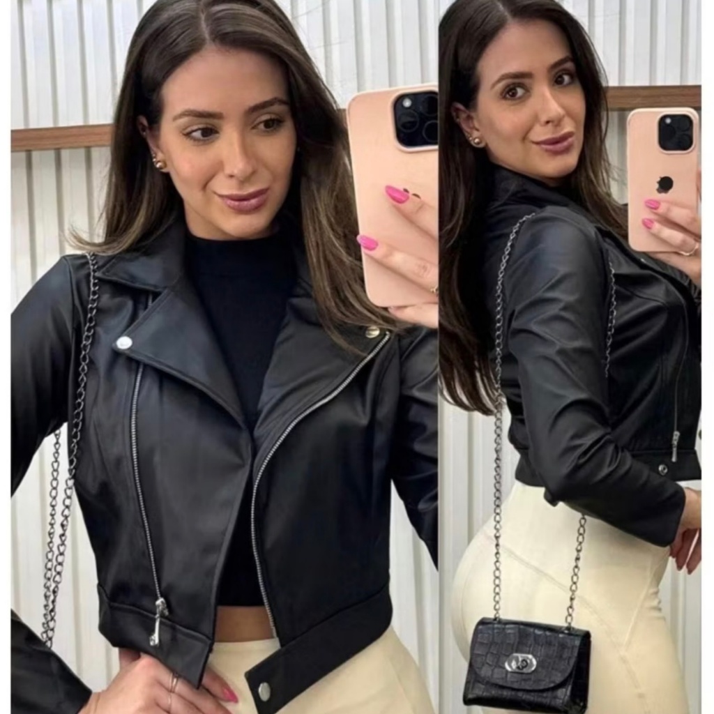 Jaqueta de Couro Sintético Feminina Gola Lapela