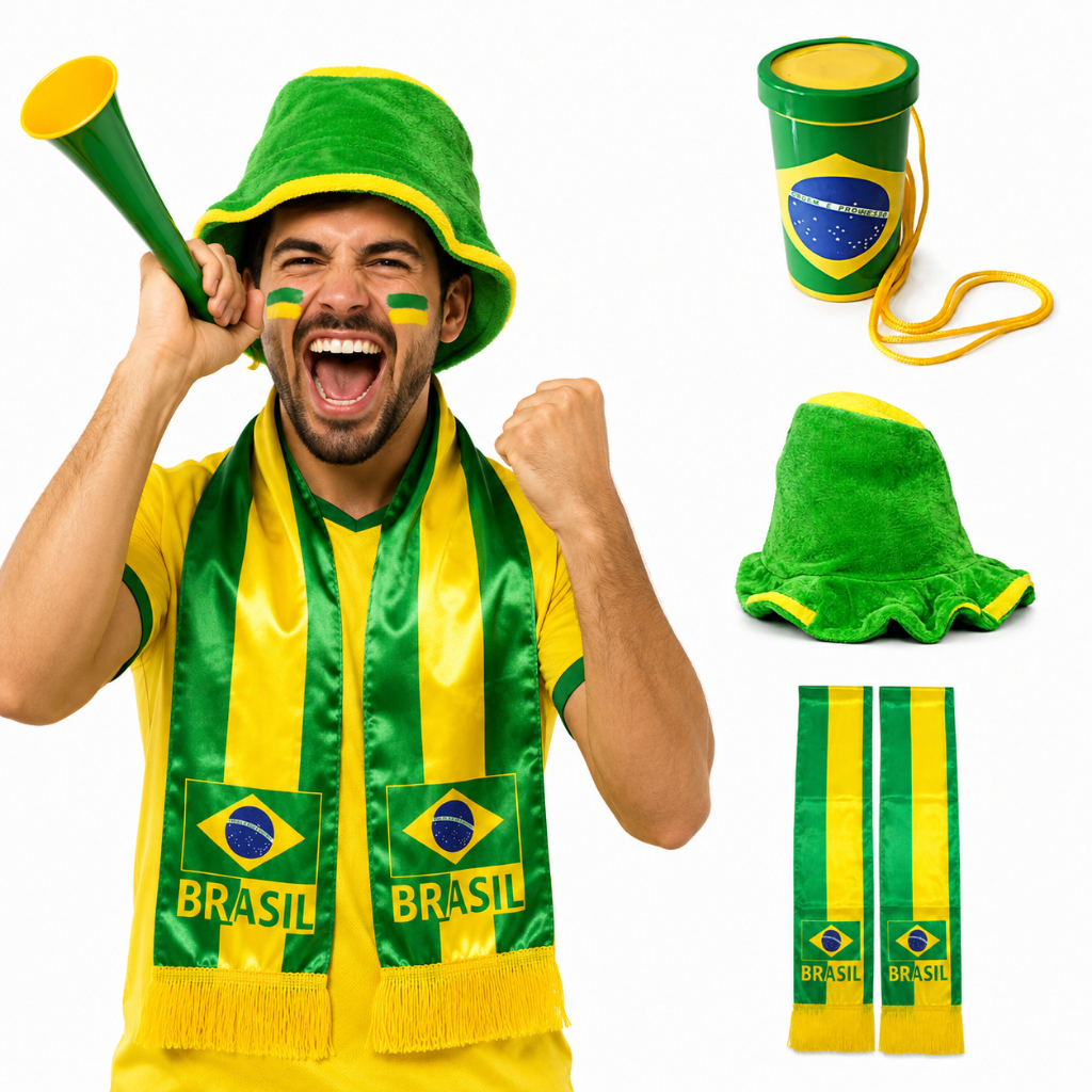 Kit Torcedor Brasil Copa Do Mundo Verde E Amarelo, Chapéu, Corneta e Cachecol Temático