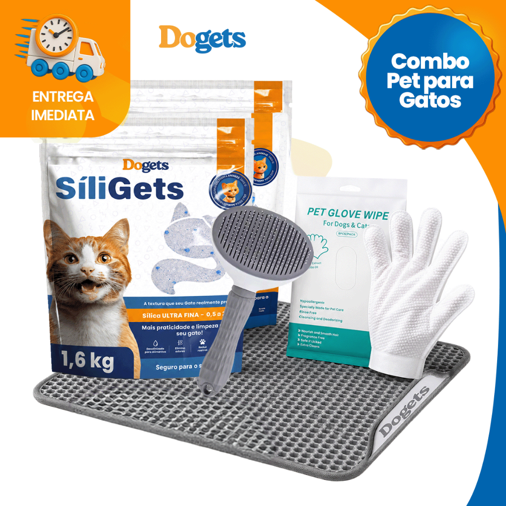 Combo Higiene Pet Dogets Para Gatos Sílica 1,6kg Tapete EVA Escova E Luva Umedecida