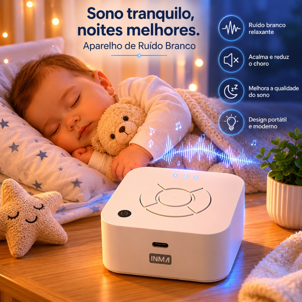 Aparelho Ruído Branco para Sono e Relaxamento do Bebê com 9 Sons Bateria Led USB