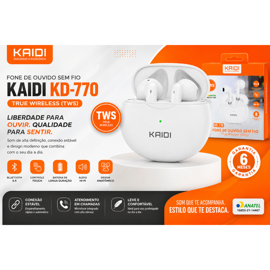 Fone de Ouvido Sem Fio Bluetooth TWS KAIDI KD-770 com Bluetooth 5.1 WHITE